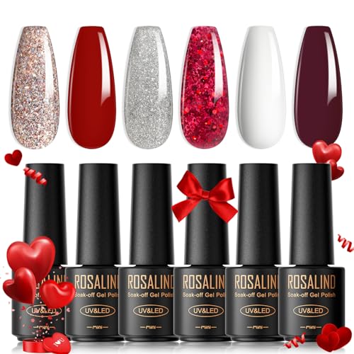 ROSALIND UV Nagellack, 6 Farben Mini Gel Nagellack, UV Nagellack Set Rot Glitzer Weiß Dunkellila Shellac Soak Off Nail Polish French Manicure für Frauen Mutter Geschenkset DIY zu Hause von ROSALIND