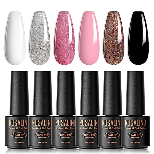 ROSALIND UV Nagellack, 6 Farben Mini Gel Nagellack, UV Nagellack Set Weiß Grau Braun Schwarzosa Shellac Soak Off Nail Polish French Manicure für Frauen Mutter Geschenkset DIY zu Hause von ROSALIND