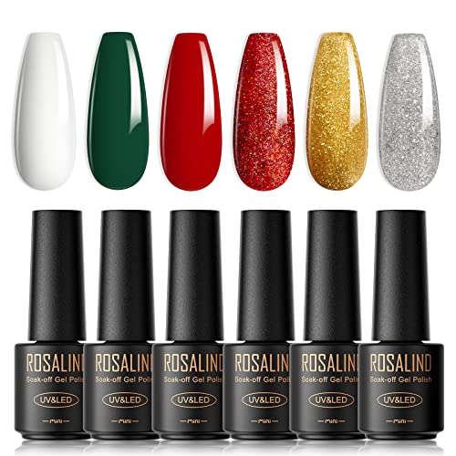 ROSALIND UV Nagellack, 6 Farben Glitzer Grün Gold Rot Weiss Mini Gel Nagellack Set Soak-Off UV Gel Nail Polish Geeignet für Anfänger Nail Art Salon DIY Home,Weihnachten Geschenke von ROSALIND