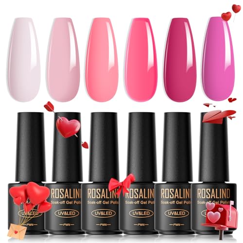 ROSALIND UV Nagellack, 6 Farben Mini Gel Nagellack, UV Nagellack Set Weiß Hellrosa Dunkelrosa Lila Rosa Shellac Soak Off Nail Polish French Manicure für Frauen Mutter Geschenkset DIY zu Hause von ROSALIND