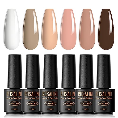 ROSALIND UV Nagellack, 6 Farben Mini Gel Nagellack Set Weiß Nude Nackt Hellbraun Grau Braun Shellac Soak Off UV LED Nail Polish French Manicure für Frauen Mutter Geschenkset von ROSALIND