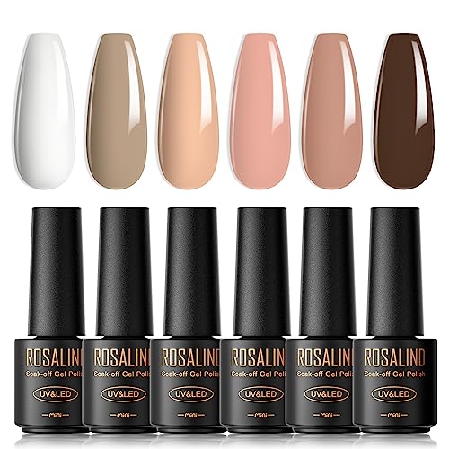 ROSALIND UV Nagellack, 6 Farben Mini Gel Nagellack Set Weiß Nude Nackt Hellbraun Grau Braun Soak Off UV LED Nail Polish French Manicure für Frauen Mutter Geschenkset von ROSALIND