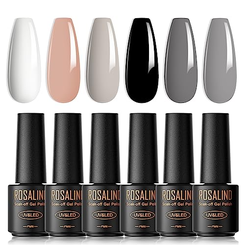 ROSALIND UV Nagellack, 6 Farben Mini Gel Nagellack, UV Nagellack Set Weiß Nackt Grau Schwarz Shellac Soak Off Nail Polish French Manicure für Frauen Mutter Geschenkset DIY zu Hause von ROSALIND