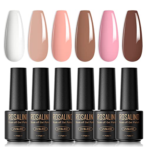 ROSALIND UV Nagellack, 6 Farben Mini Gel Nagellack, UV Nagellack Set Weiß Nackt Hellrosa Rosa Braun Shellac Soak Off Nail Polish French Manicure für Frauen Mutter Geschenkset DIY zu Hause von ROSALIND