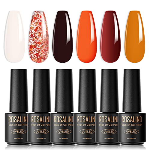 ROSALIND UV Nagellack Orange, 6 Farben Mini Gel Nagellack, UV Nagellack Set Weiß Rosa Braun Rot Shellac Soak Off Nail Polish French Manicure für Frauen Mutter Geschenkset DIY zu Hause von ROSALIND