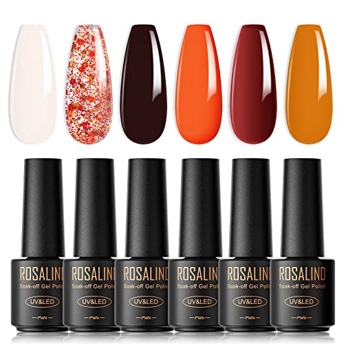 ROSALIND UV Nagellack Orange, 6 Farben Mini Gel Nagellack, Weiß Rosa Braun Rot Soak Off Nail Polish French Manicure für Frauen Mutter Geschenkset DIY zu Hause von ROSALIND
