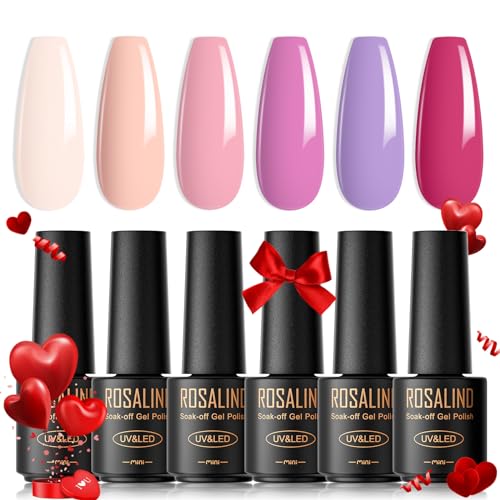 ROSALIND UV Nagellack, 6 Farben Mini Gel Nagellack, UV Nagellack Set Weiß Hellrosa Dunkelrosa Lila Rosa Shellac Soak Off Nail Polish French Manicure für Frauen Mutter Geschenkset DIY zu Hause von ROSALIND