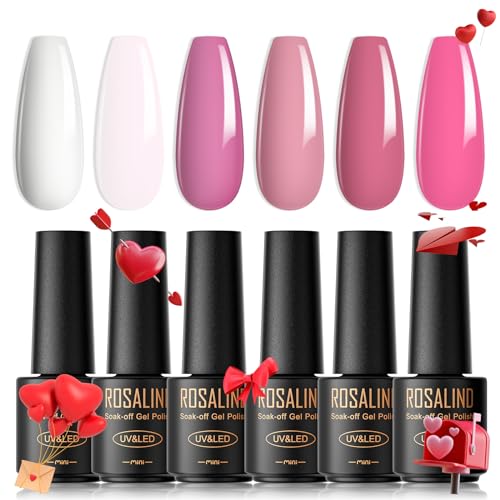 ROSALIND UV Nagellack Pastell, 6 Farben Mini Gel Nagellack Set Weiß Rosa Hellrosa Dunkelrosa Lila Shellac Soak Off UV LED Nail Polish für Anfänger Nail Art Salon DIY Home von ROSALIND