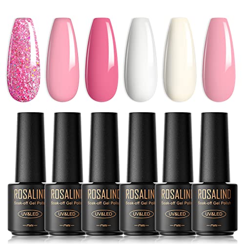 ROSALIND UV Nagellack, 6 Farben Mini Gel Nagellack, UV Nagellack Set Weiß Rosa Hellrosa Glitzer Rosa Shellac Soak Off Nail Polish French Manicure für Frauen Mutter Geschenkset DIY zu Hause von ROSALIND