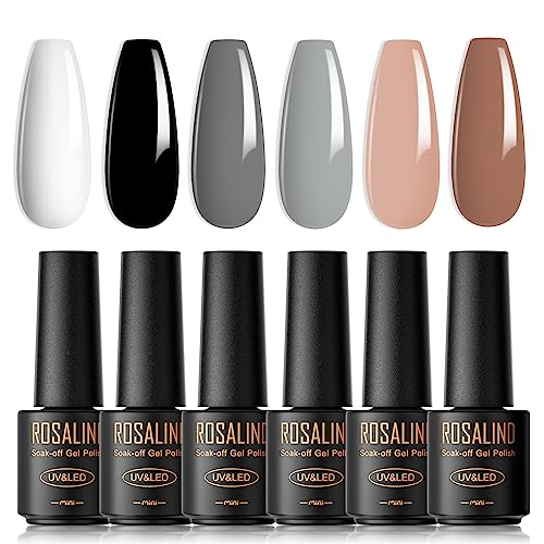 ROSALIND UV Nagellack, 6 Farben Mini Gel Nagellack, Weiß Schwarz Nackt Braun Soak Off Nail Polish French Manicure für Frauen Mutter Geschenkset DIY zu Hause von ROSALIND