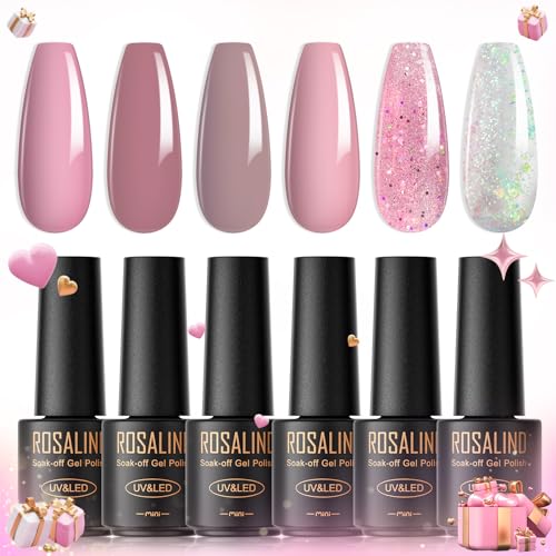 ROSALIND UV Nagellack Pastell, 6 Farben Mini Gel Nagellack Set Weiß Hellrosa Dunkelrosa Glitzer Rosa Soak Off UV LED Nail Polish French Manicure für Frauen Mutter Geschenkset von ROSALIND