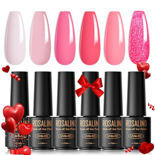 ROSALIND UV Nagellack Rosa, 6 Farben Mini Gel Nagellack, UV Nagellack Set Weiß Hellrosa Dunkelrosa Glitzer Rosa Soak Off Nail Polish French Manicure für Frauen Mutter Geschenkset DIY zu Hause von ROSALIND