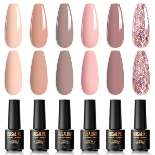 ROSALIND UV Nagellack, 6 Farben Mini Nackt Rosa Nude Glitzer Soak Off UV LED Nail Gel Polish Gellack Set für Anfänger Nail Art Salon von ROSALIND