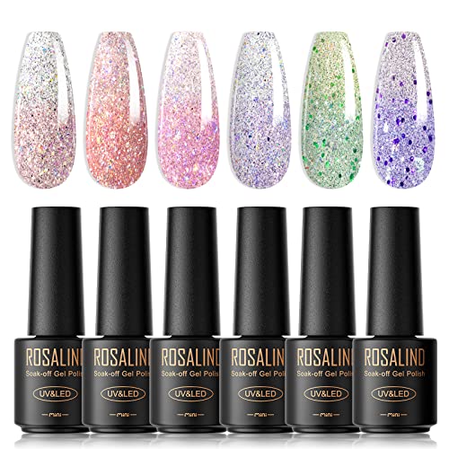 ROSALIND UV Nagellack glitzer, 6 Farben Mini nagel uv gel thermo, UV Nagellack Set thermogel Shellac Soak für Gelnägel Soak Off UV Gel Nail Polish Nagellack Lacke Für UV Lampe von ROSALIND