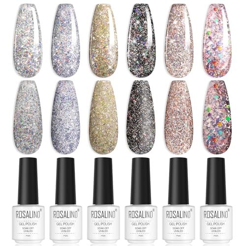 ROSALIND UV Nagellack, 6 Farben Silber Gelb Schwarz Rosa Glitzer Gel Nagellack Set Soak-Off UV Gel Nail Polish für Anfänger Nail Art Salon DIY von ROSALIND