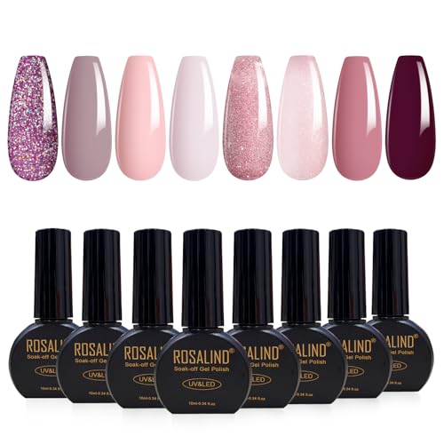 ROSALIND UV Nagellack, 8 Farben Grauviolett Violett Glitzer Violett Rosa Hellrosa Nagellack Set Soak Off UV LED Nail Gel Polish für Anfänger Nail Art Salon von ROSALIND
