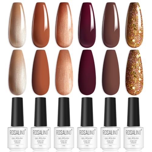 ROSALIND UV Nagellack, Brauntöne Gellack 6 Farben Herbst Braun Rot Glitzer Braun Gel Nagellack Set Soak-Off UV Gel Nail Polish für Anfänger Nail Art Salon DIY von ROSALIND
