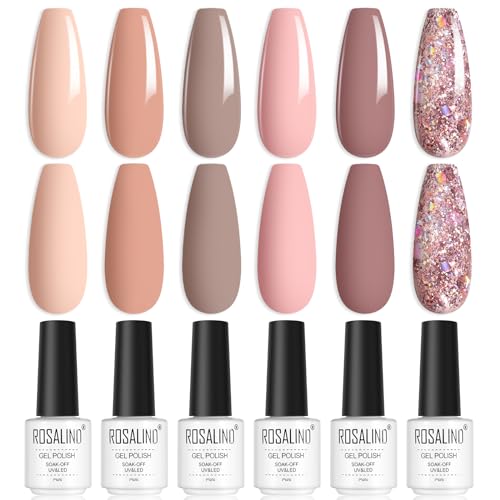 ROSALIND UV Nagellack, Nudetöne Gellack 6 Farben Nude Rosa Beige Champagner Glitzer Gel Nagellack Set Soak-Off UV Gel Nail Polish für Anfänger Nail Art Salon DIY von ROSALIND