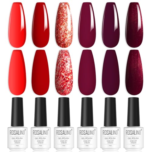 ROSALIND UV Nagellack, Rot Gellack 6 Farben Rubinrot Dunkelrot Glitzer Gel Nagellack Set Soak-Off UV Gel Nail Polish für Anfänger Nail Art Salon DIY von ROSALIND