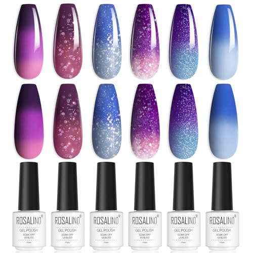 ROSALIND UV Nagellack, Thermo 6 Farben Blau Violett Rosa Glitter Rosa Farbwechsel Gel Nagellack Set Soak-Off UV Gel Nail Polish für Anfänger Nail Art Salon DIY von ROSALIND