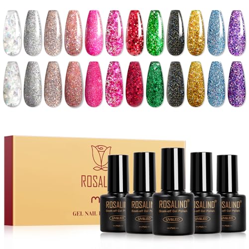 ROSALIND UV Nagellack,12 Farben Glitzer Silber Rosa Rot Schwarz Lila Gel Nagellack Set, Soak-Off Mini UV Farbgel Gelnägel für Nagel Design Gel Nail Polish Maniküre Geschenk von ROSALIND