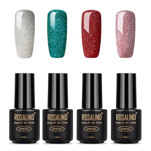 ROSALIND UV Nagellack,4 Farben Glitzer Silber Grün Rot Rosa Gel Nagellack Weihnachten Set Soak-Off UV Lampe Gel Nail Polish Nail Art Salon DIY Home, 7ml Glitzerfarbe von ROSALIND