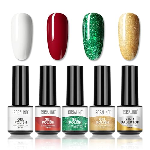 ROSALIND UV Nagellack,4 Farben Glitzer Grün Glitzer Gold Rot Weiss Gel Nagellack Weihnachten Set Soak-Off UV Lampe Gel Nail Polish mit 2 IN 1 Base Coat Top Coat Nail Art von ROSALIND