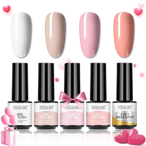 ROSALIND UV Nagellack Shellac Set 4 Farben Gel Nagellack Set Nude Rosa Weiß Nagellack mit Base Coat Top Coat Mini UV Lampe Für Nägel Gel Nail Polish Set Valentinstag von ROSALIND