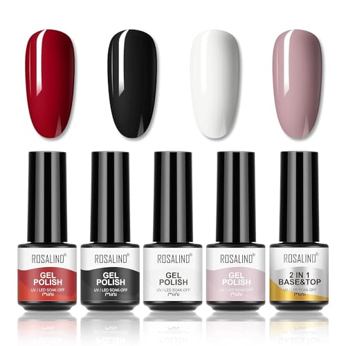 ROSALIND UV Nagellack Shellac Set 4 Farben Gel Nagellack Set Schwarz Weiß Rot UV Nagellack mit Base Coat Top Coat Mini UV Lampe Für Nägel Gel Nail Polish Set von ROSALIND