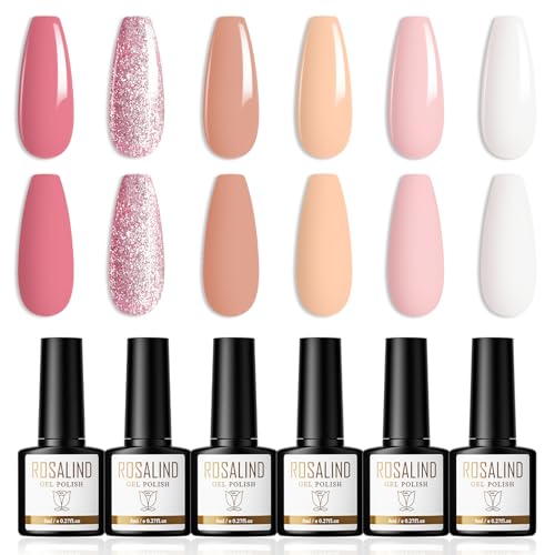 ROSALIND UV Nagellack 6 Farben Gel Nagellack Dunkelrosa Hellrosa Glitzer Nude Weiß Shellac Gellack Soak Off UV/LED Nail Polish Set Geeignet für Heimnagel DIY, Nagelstudio von ROSALIND