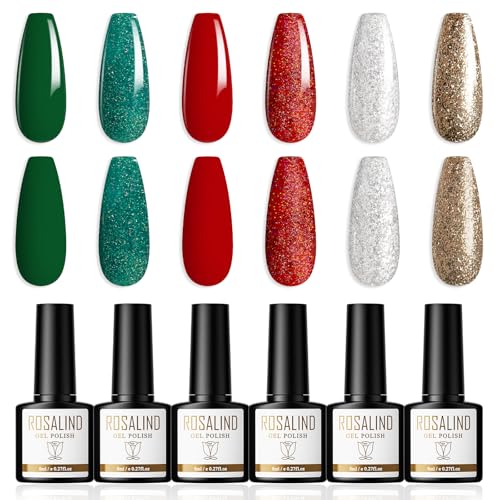 ROSALIND UV Nagellack 6 Farben Shellac Rot Grün Silber Gold Glitzer Gel Nagellack Weihnachten Nail Polish Soak Off UV/LED Lacke für Nägel Nail Art DIY,8ml von ROSALIND