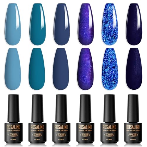 ROSALIND UV Nagellack Blau,6 Farben Mini Himmelblauer unkelblau Ozean Kobaltblau Marineblau Dunkelblau Glitzer Sommer Frühling Gelnägel Soak Off UV LED Gel lack Nail Polish von ROSALIND
