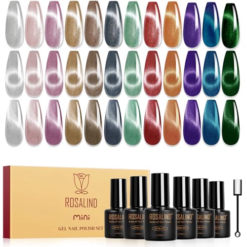 ROSALIND UV Nagellack Cat Eye, 12 Farben Silber Lila Braun Grün Rot Blau Magnetische Kristalle Gel Nagellack Katzenauge mit Magnet, Soak Off Mini Gel Nail Polish Cateye für Nail Art Maniküre von ROSALIND