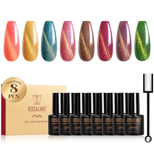 ROSALIND UV Nagellack Cat Eye, 8 Farben Rosa Gold Blau Violett Braun Regenbogen Magnetische Kristalle Gel Nagellack Katzenauge, Soak Off Mini Gel Nail Polish Cateye Goldfaden für Nail Art Maniküre von ROSALIND