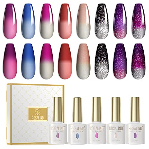 ROSALIND UV Nagellack Farbwechsel Gel Nagellack Set, 8 Farben Glitter Thermo Shellac Gellack mit Base und Top Coat UV LED Soak Off Chameleon Gel Polish Set 6ml von ROSALIND