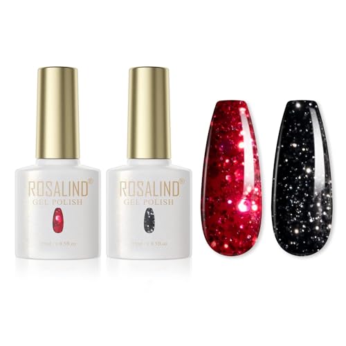 ROSALIND UV Nagellack Schwarz Rot Glitter Gel Nagellack 15ml UV LED Soak Off Nail Gel Polish Shellac Nagellack Starterset Gel Nagellack Set Valentinstag 2PCS von ROSALIND