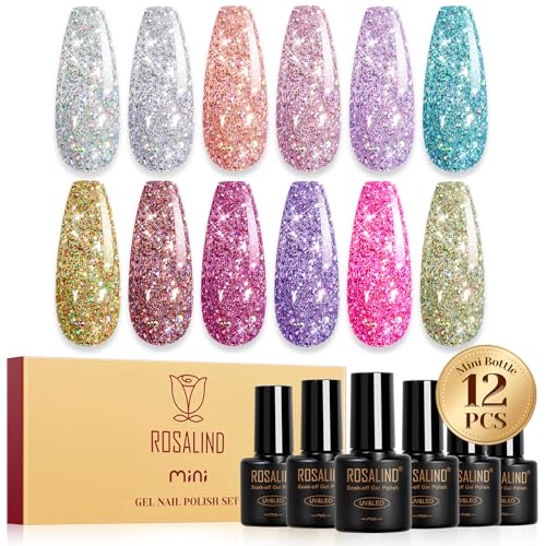 ROSALIND UV Nagellack Glitzer, 12 Farben Glitzer Rosa Blau Silber Gold Lila Gel Nagellack Set, Soak-Off Mini UV Farbgel Gelnägel für Nagel Design Gel Nail Polish Maniküre Geschenk von ROSALIND
