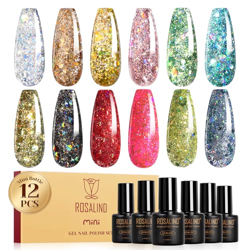 ROSALIND UV Nagellack Glitzer, 12 Farben Glitzer Silber Braun Gold Rosa Grün Blau Rot Rosa Gel Nagellack Set, Soak-Off Mini UV Farbgel Gelnägel für Nagel Design Gel Nail Polish Maniküre Geschenk von ROSALIND