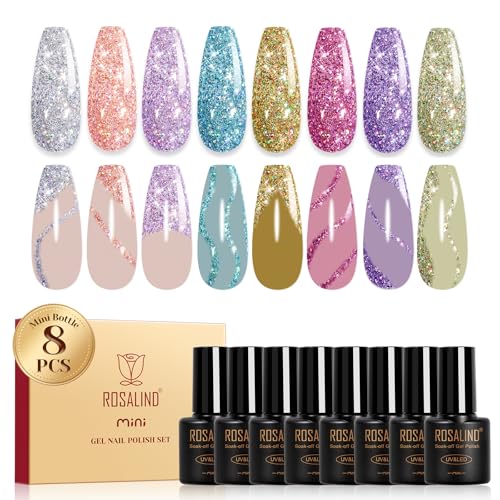 ROSALIND UV Nagellack Glitzer, 8 Farben Rosa Blau Silber Gold Violett Glitzer Gel Nagellack, Soak-Off Mini UV Farbgel Gelnägel für Nail Art Design Gel Nail Polish Maniküre Geschenk von ROSALIND