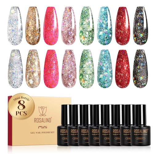 ROSALIND UV Nagellack Glitzer, 8 Farben Silber Gold Rosa Grün Blau Rot Schwarz Glitzer Gel Nagellack, Soak-Off Mini UV Farbgel Gelnägel für Nagel Design Gel Nail Polish Maniküre Geschenk von ROSALIND