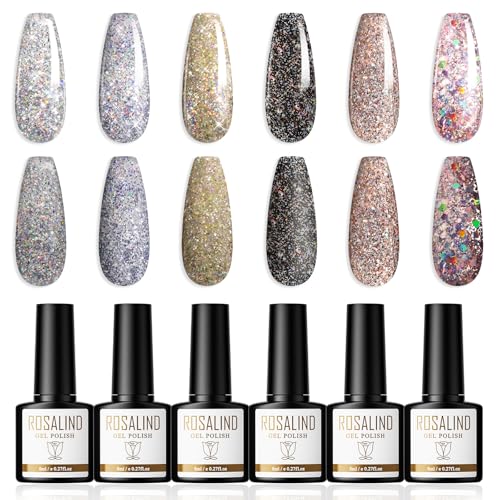 ROSALIND UV Nagellack Glitzer Shellac 6 Farben Gel Nagellack Silbrig Gold Rosa Schwarz Gel Nail Polish Gellack Soak Off UV/LED Lacke für Nägel Herbst und Winter Nail Art DIY, 8ml von ROSALIND