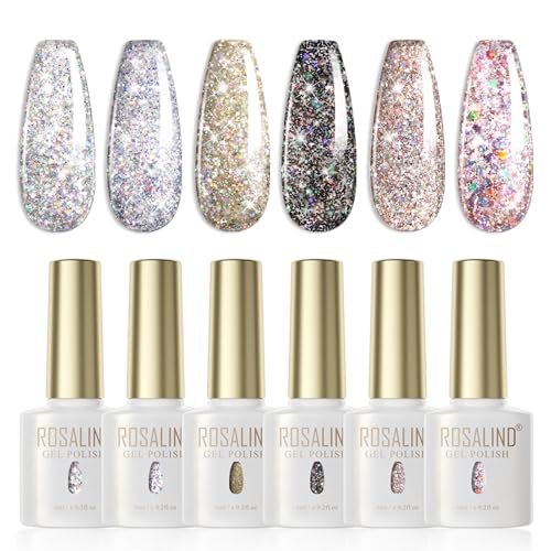 ROSALIND UV Nagellack Glitzerfarbe, 6 Farben Glitzer Reflechissant Funkelnd Grau Schwarz Nagellack Einweichen Nail Gel Polish Sparkly Shiny Gel UV Lack French Manicure von ROSALIND