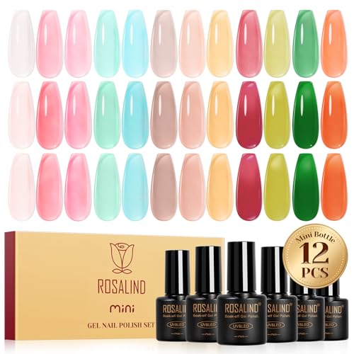 ROSALIND UV Nagellack Jelly, 12 Farben Jelly Rosa Blau Braun Rot Grün Transparent Gel Nagellack, Soak Off Mini UV Gel Nail Polish für Gelnägel Maniküre Geschenkset von ROSALIND
