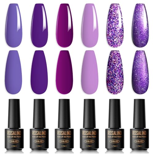 ROSALIND UV Nagellack Lila, 6 Farben Mini Violett Lavendel Hellviolett Wisterienblüte Flieder Glitzernd Traubenpurpur Langlebige Frühling Gelnägel Soak Off UV LED Gel lack Nail Polish von ROSALIND