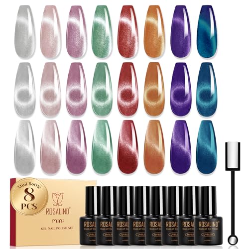 ROSALIND UV Nagellack Magnetisch, 8 Farben Weiß Rosa Violett Grün Rot Kristalle Cat Eye Gel Nagellack Katzenauge mit Magnet, Soak Off Mini Gel Nail Polish Cateye für Nail Art Maniküre von ROSALIND