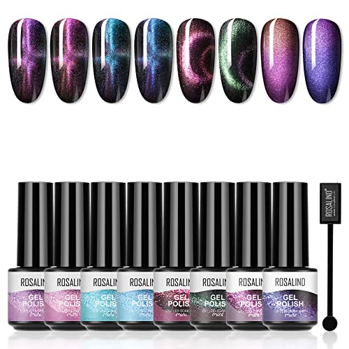 ROSALIND UV Nagellack Magnetisch Set, 8 Farben Cat Eye Gel Katzenauge mit Magnet, Soak Off Gel Nail Polish Cateye für Nail Art Maniküre Mini von ROSALIND
