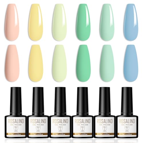 ROSALIND UV Nagellack Pastell 6 Farben Gel Nagellack Makronen Shellac Rosa Gelb Grün Blau Gellack UV Lack Soak Off UV/LED Nail Polish Set Frühling Sommer Geeignet für Heimnagel DIY, Nagelstudio, 8ml von ROSALIND