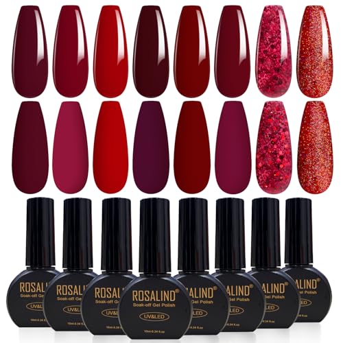 ROSALIND UV Nagellack Rot, 8pcs Burgunderrot Hellrot Glitzer Rot Nagellack Set Soak Off UV LED Nail Gel Polish für Anfänger Nail Art Salon von ROSALIND