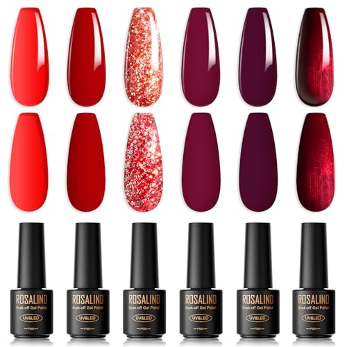 ROSALIND UV Nagellack Rot,6 Farben Rot Burgunder Dunkelrot Glitzer Set Soak Off UV LED Gellack Set Gel Nail Polish für Nagelstudio Design von ROSALIND