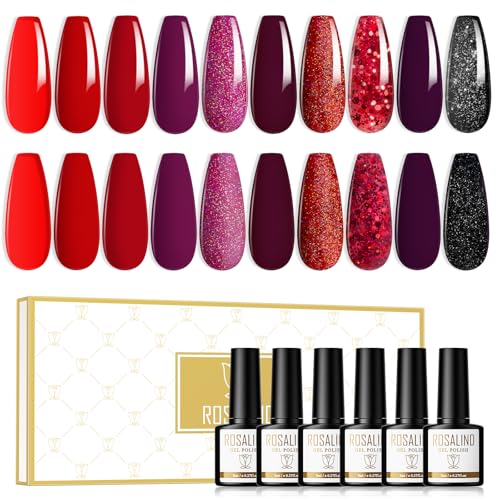 ROSALIND UV Nagellack Rot 10 Farben Shellac Helles Rot Dunkelrot Glitzer Gel Nagellack Soak Off UV/LED Gel Nail Polish UV Lacke für Nägel, für Nagelkunst-DIY von ROSALIND